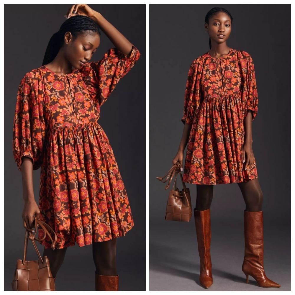 Anthropologie Sundry Boho Tunic Dress Colorful Floral Puff Dolman Sleeves XS / 0 - Picture 13 of 13